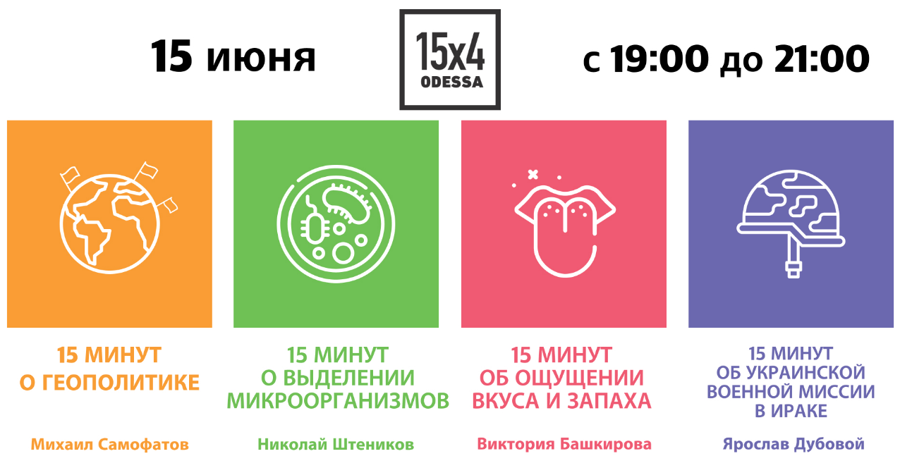The poster of the event — 15x4 Od 15.06. Geopolitics. Microorganisms. Sense of taste. Ukrainian mission in Iraq in Green theatre